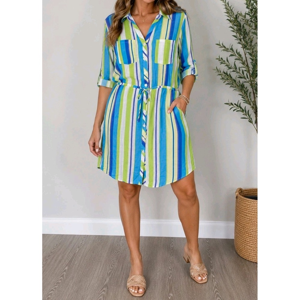 Cato Striped Shirt Dress Medium Button Front Drawstring Roll Tab Sleeves